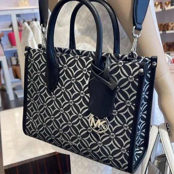 Michael Kors Mirella Small Metallic Logo Jacquard Crossbody Bag Black/Silver 
NW - Picture 13 of 16